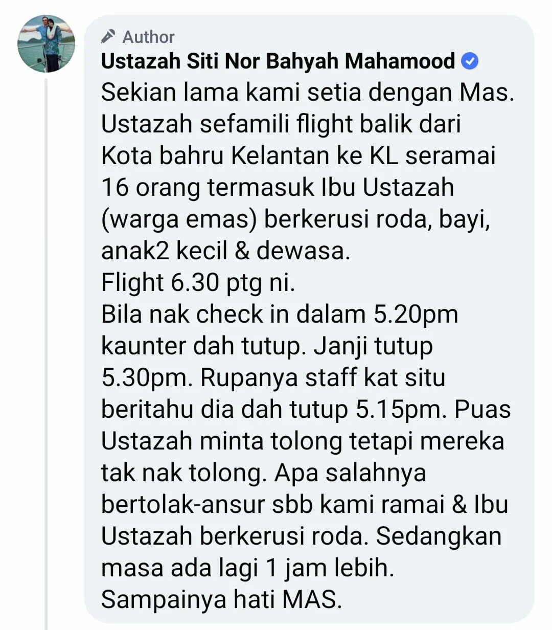 Ustazah Siti Bahyah mengamuk MAS halang 16 keluarganya 'check in'