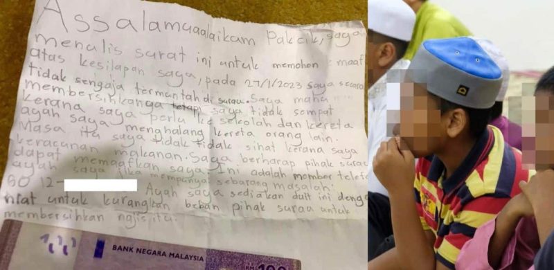 Budak tulis surat & sedekah duit mohon maaf termuntah dalam surau, tindakan adik ini terima puji netizen
