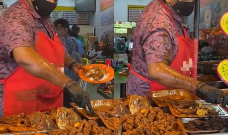 “Kau amik air sembahyang ke? Sampai ke lengan penuh dengan kuah” – Tersentak netizen bila tengok aksi pekerja kedai nasi kandar