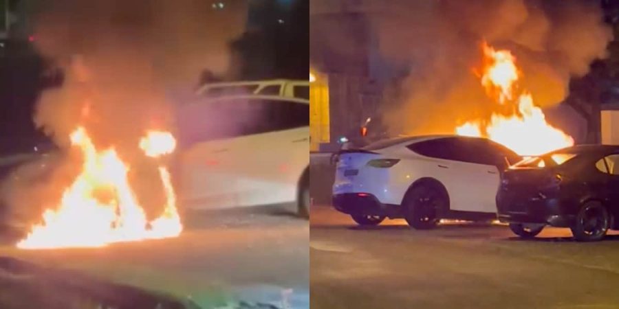 Tesla parkir tepi jalan terbakar tiba-tiba
