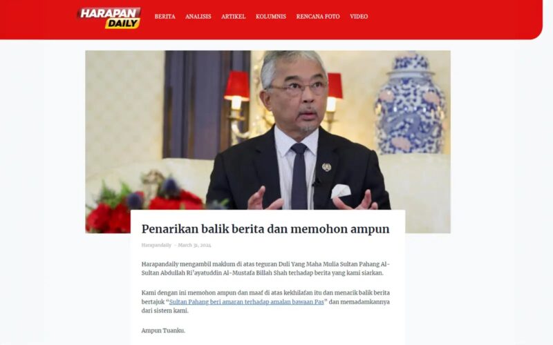 Harapandaily mohon ampun kepada Sultan Pahang, padam laporan